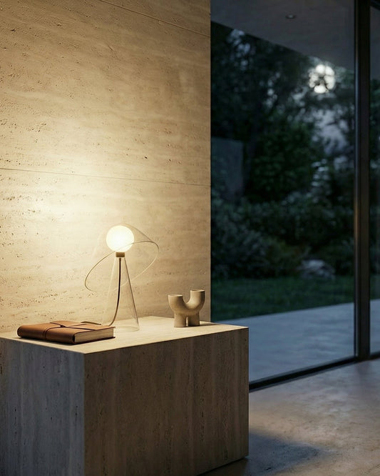 Mademoiselle designer lamp in a luxury modern living room, ambient lighting Made in Italy Mademoiselle table lamp Design by Quaglio Simonelli